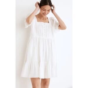 Madewell White Cotton Lined Puff-Sleeve Draw-String Mini Dress Size M